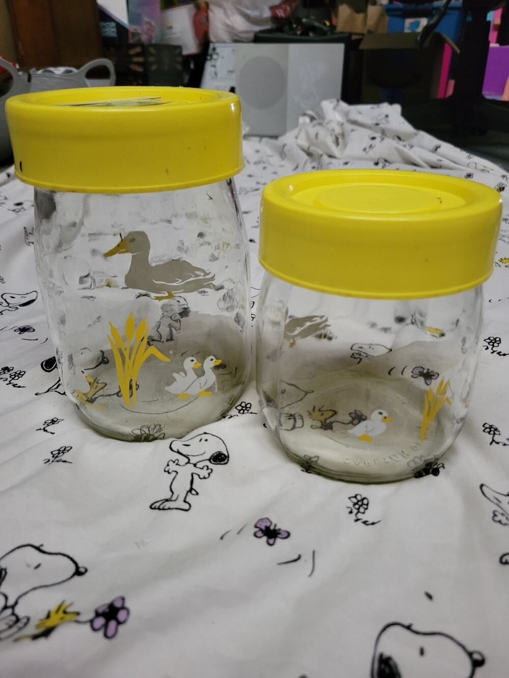 Vintage Carlton Glass 1982 Yellow Duck Canister Lidded Jar X 2